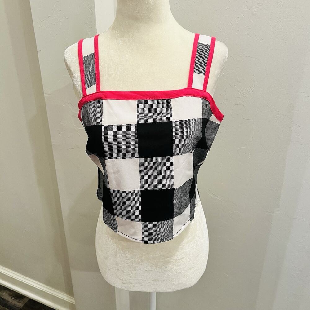 New York & Company Women’s Small Gingham Plaid Black White Crop Top NWT